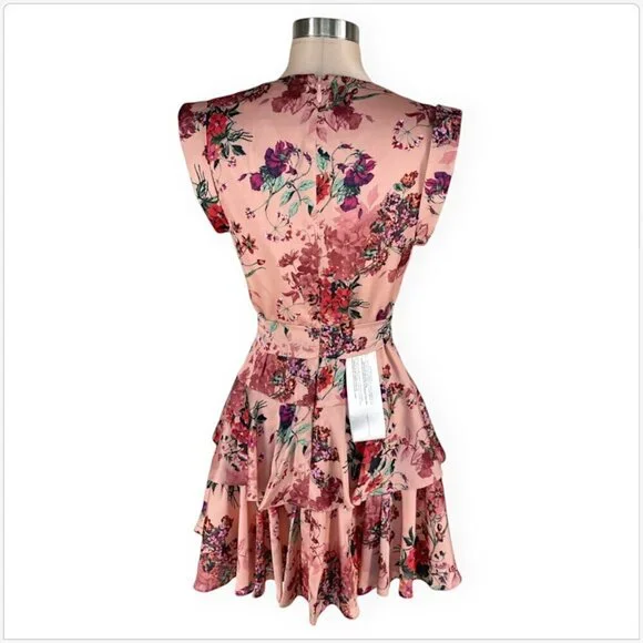 BCBGMaxazria Luna Ruffled Skirt Dress Floral Apricot Blush Pink V-Neck NWT  NEW 2 - joarbit.com